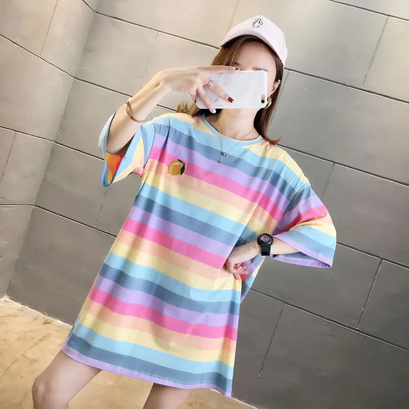 Women Rainbow Striped Maternity T-Shirt 2023 Spring Summer Loose Short Sleeve — feature 16