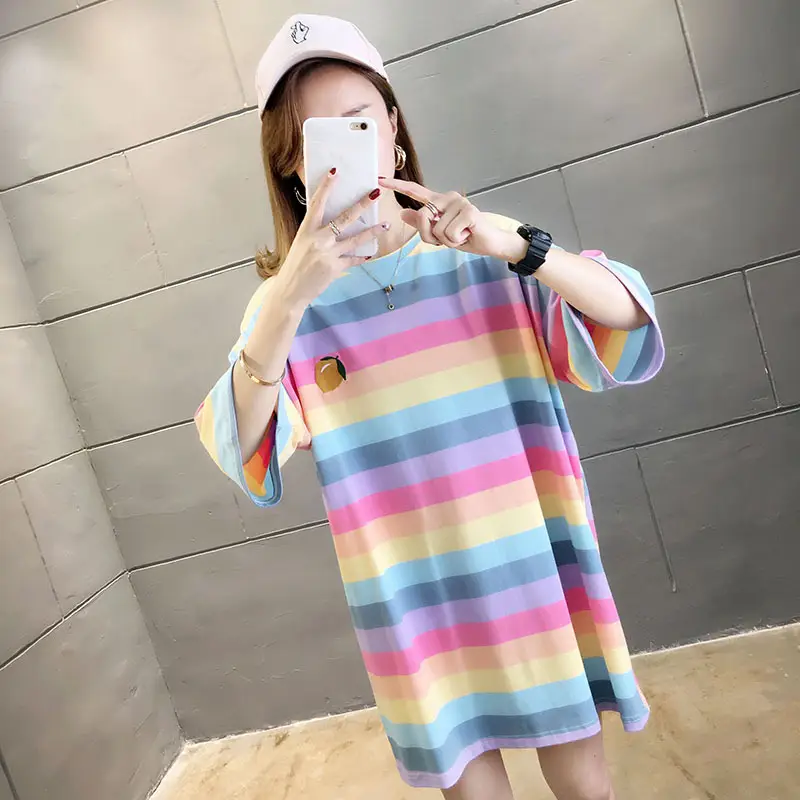 Women Rainbow Striped Maternity T-Shirt 2023 Spring Summer Loose Short Sleeve — feature 17