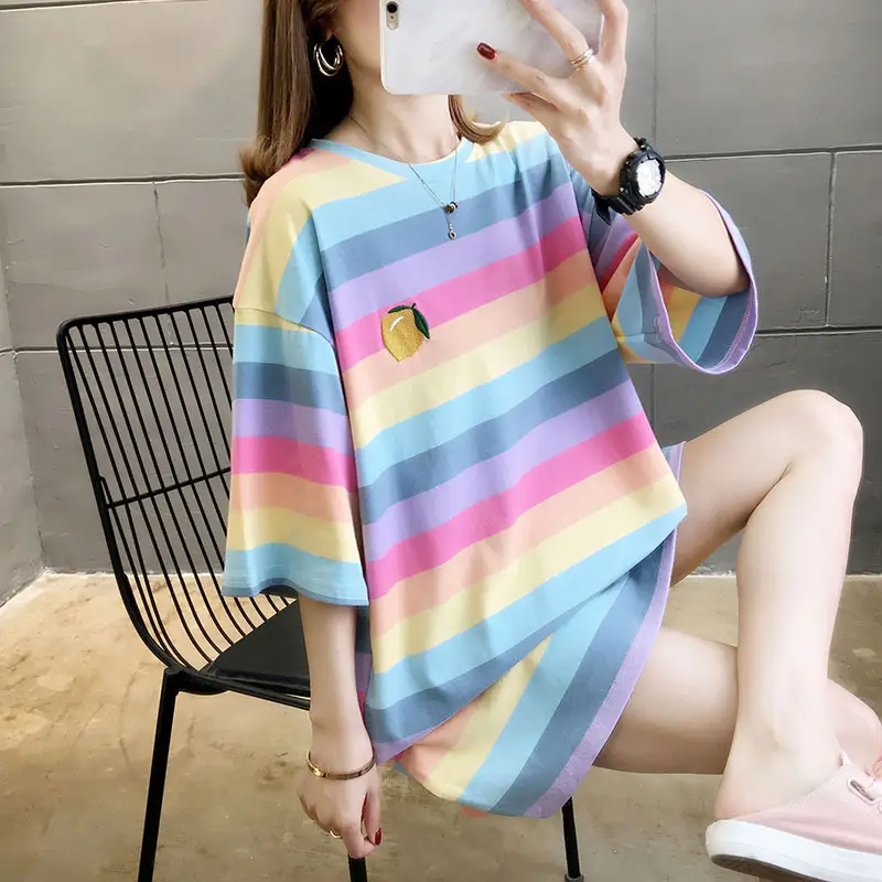 Women Rainbow Striped Maternity T-Shirt 2023 Spring Summer Loose Short Sleeve — feature 18