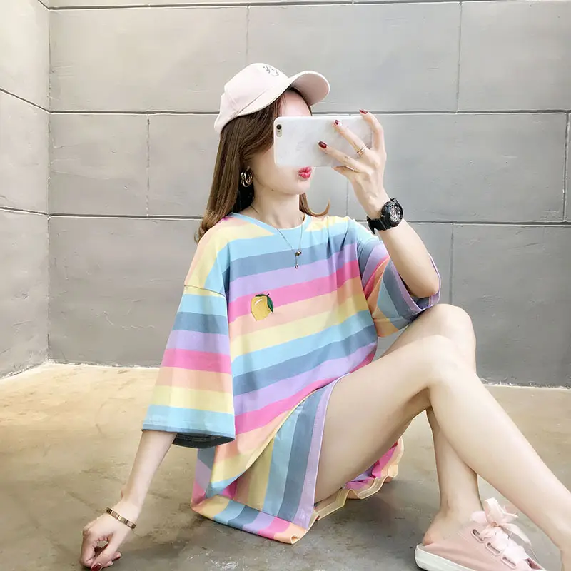 Women Rainbow Striped Maternity T-Shirt 2023 Spring Summer Loose Short Sleeve — feature 19