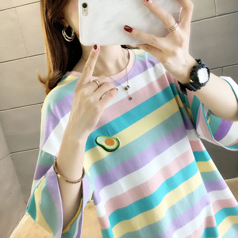 Women Rainbow Striped Maternity T-Shirt 2023 Spring Summer Loose Short Sleeve — feature 2
