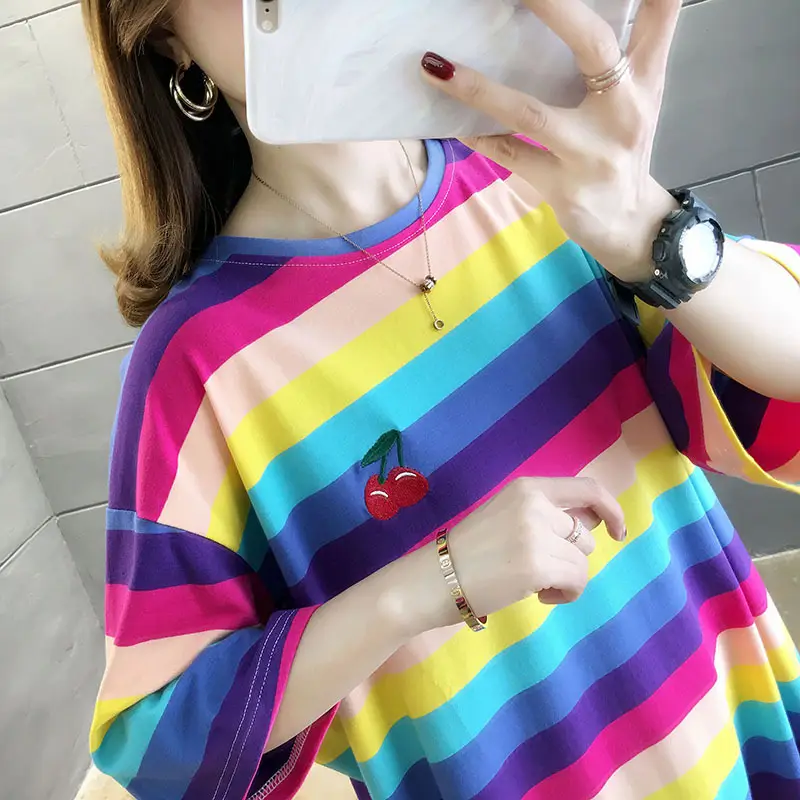 Women Rainbow Striped Maternity T-Shirt 2023 Spring Summer Loose Short Sleeve — feature 20