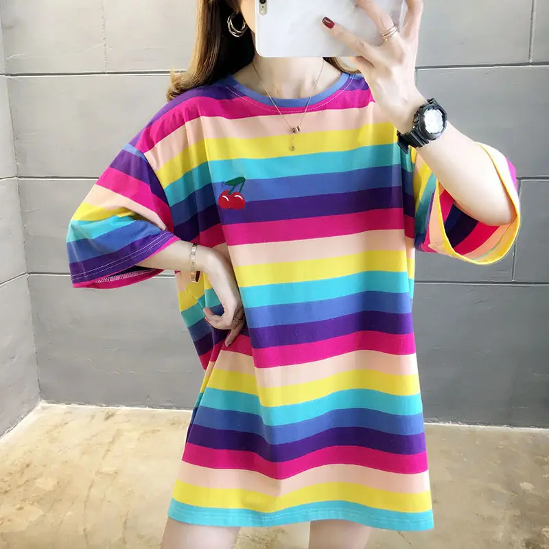 Women Rainbow Striped Maternity T-Shirt 2023 Spring Summer Loose Short Sleeve — feature 21