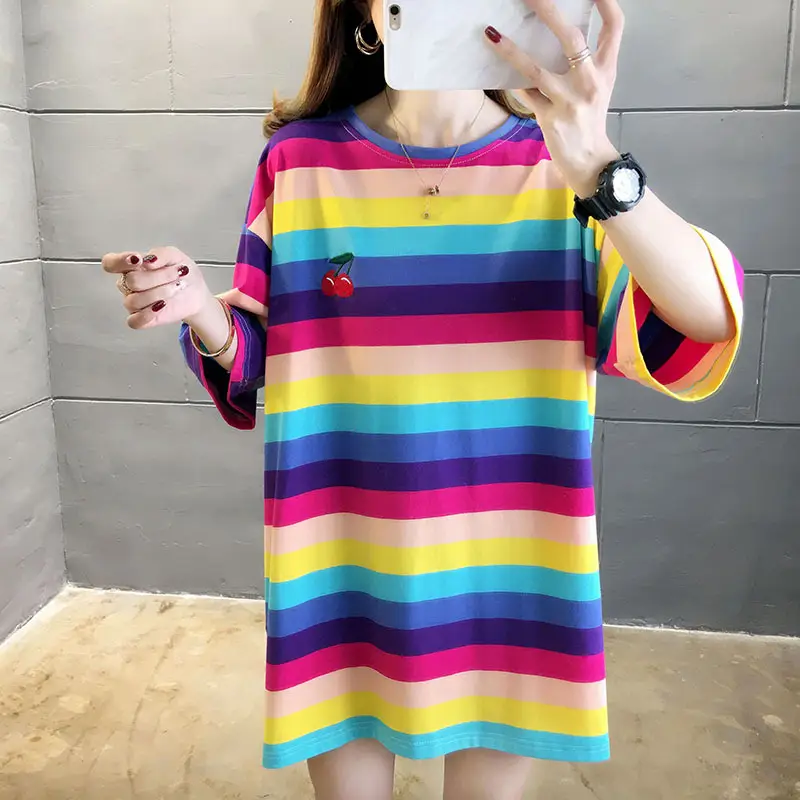 Women Rainbow Striped Maternity T-Shirt 2023 Spring Summer Loose Short Sleeve — feature 22