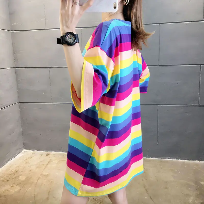 Women Rainbow Striped Maternity T-Shirt 2023 Spring Summer Loose Short Sleeve — feature 23