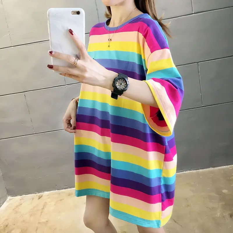 Women Rainbow Striped Maternity T-Shirt 2023 Spring Summer Loose Short Sleeve — feature 24