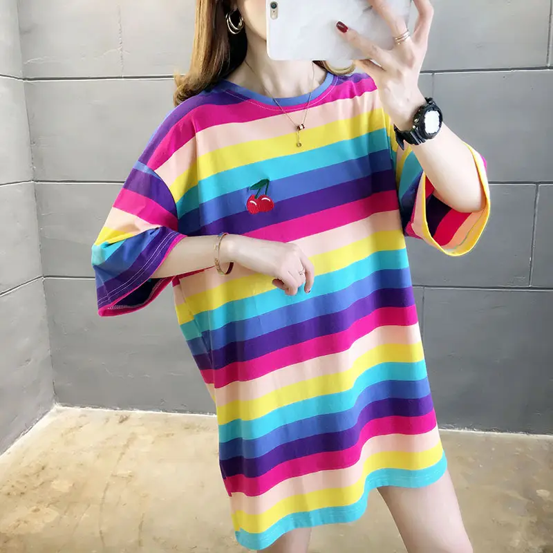 Women Rainbow Striped Maternity T-Shirt 2023 Spring Summer Loose Short Sleeve — feature 25