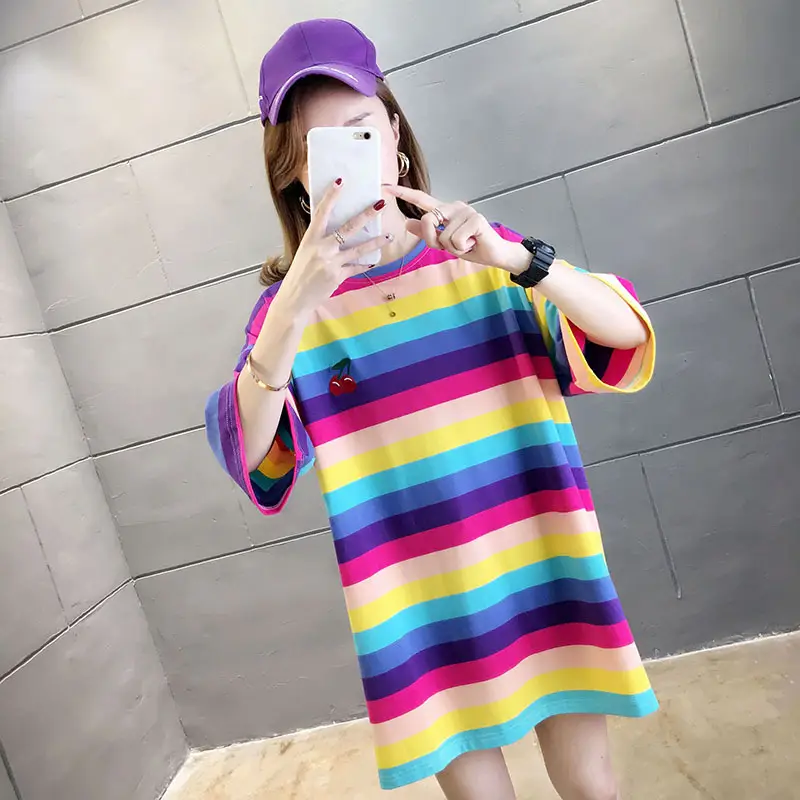Women Rainbow Striped Maternity T-Shirt 2023 Spring Summer Loose Short Sleeve — feature 26