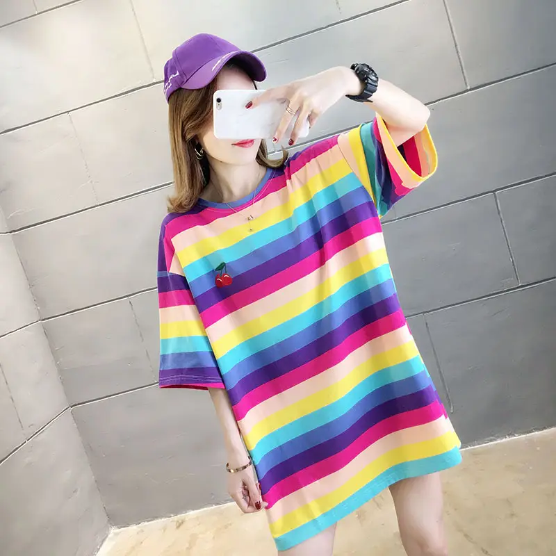 Women Rainbow Striped Maternity T-Shirt 2023 Spring Summer Loose Short Sleeve — feature 27