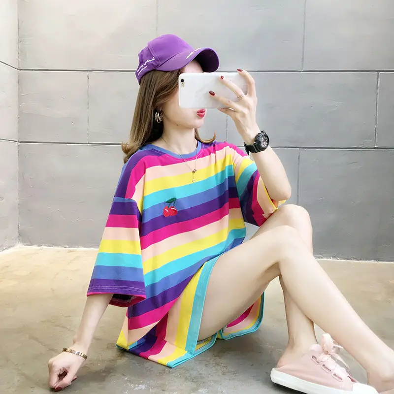 Women Rainbow Striped Maternity T-Shirt 2023 Spring Summer Loose Short Sleeve — feature 28