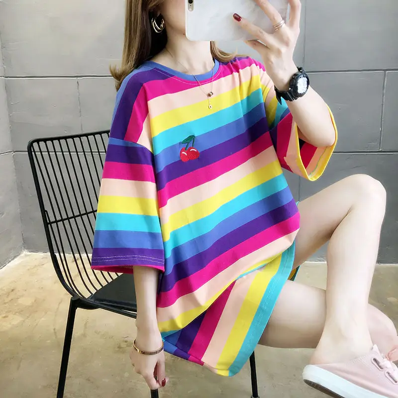 Women Rainbow Striped Maternity T-Shirt 2023 Spring Summer Loose Short Sleeve — feature 29