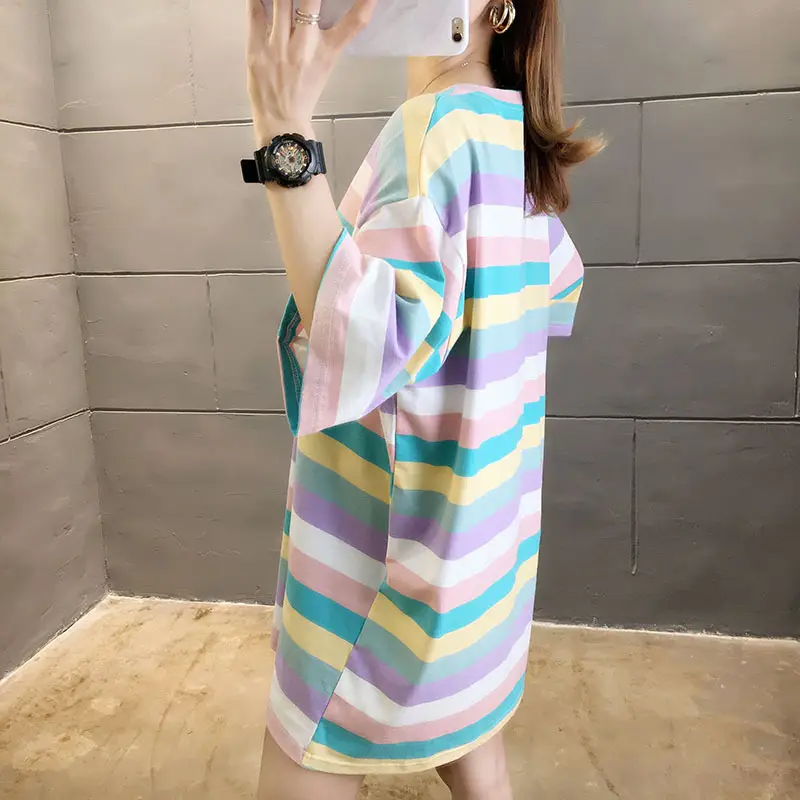 Women Rainbow Striped Maternity T-Shirt 2023 Spring Summer Loose Short Sleeve — feature 3