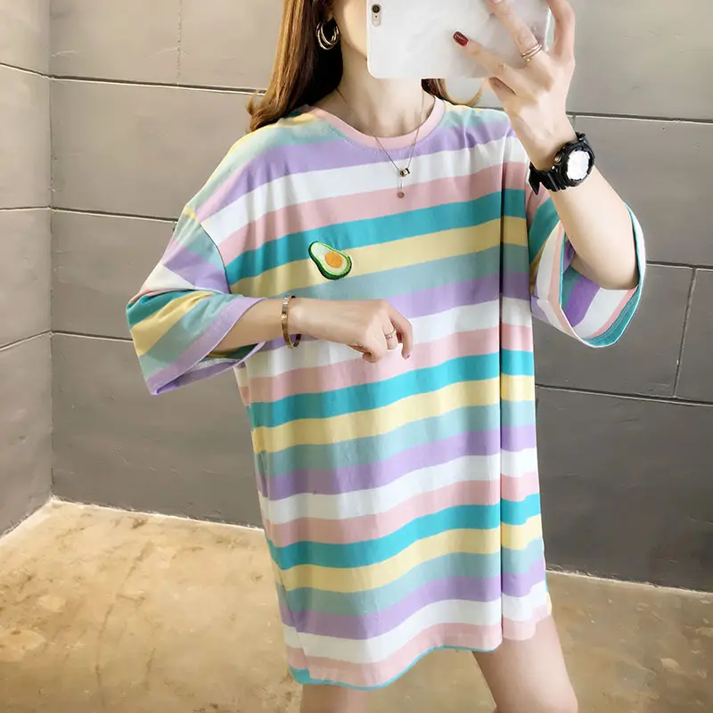 Women Rainbow Striped Maternity T-Shirt 2023 Spring Summer Loose Short Sleeve — feature 4