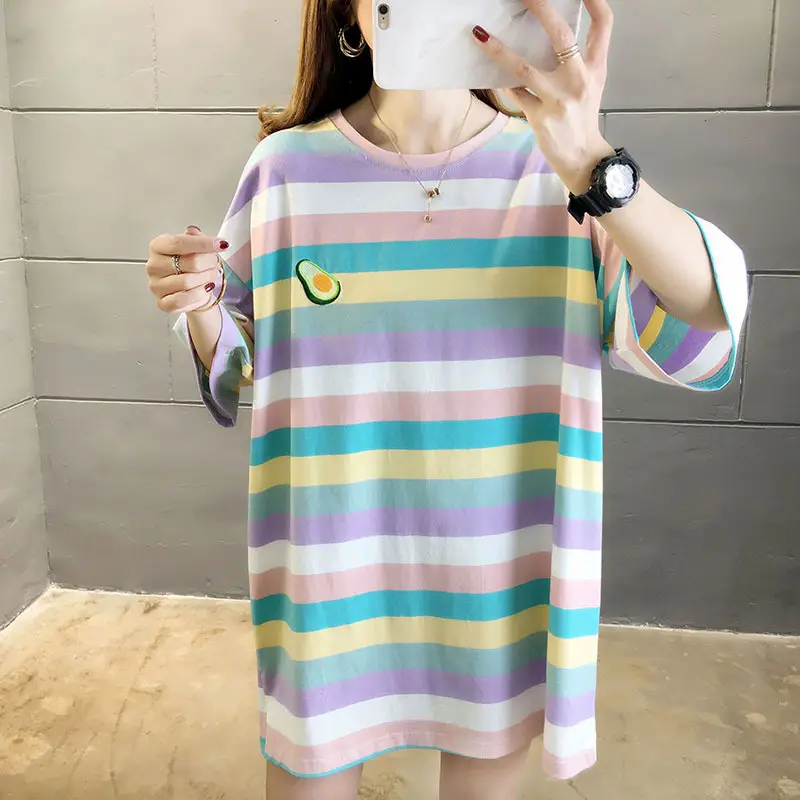 Women Rainbow Striped Maternity T-Shirt 2023 Spring Summer Loose Short Sleeve — feature 5