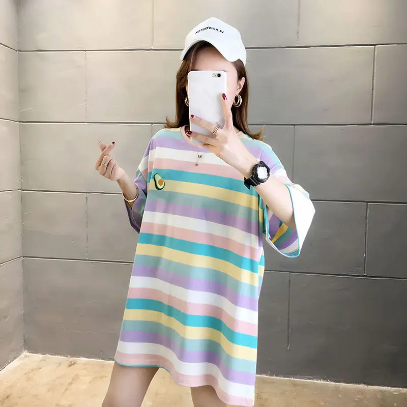 Women Rainbow Striped Maternity T-Shirt 2023 Spring Summer Loose Short Sleeve — feature 6