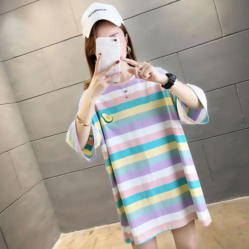 Women Rainbow Striped Maternity T-Shirt 2023 Spring Summer Loose Short Sleeve — feature 7