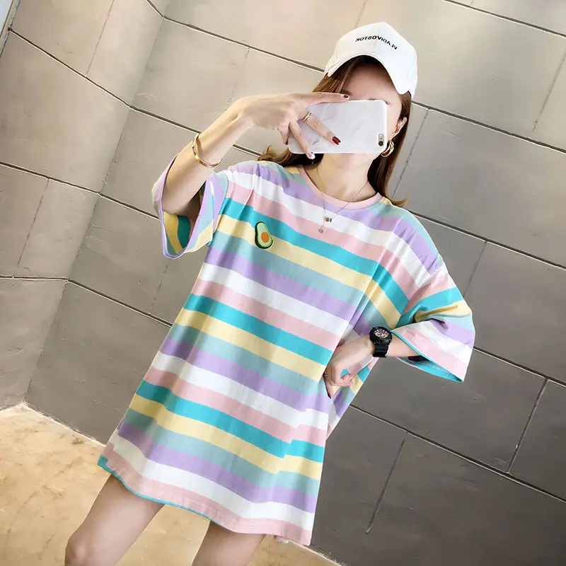 Women Rainbow Striped Maternity T-Shirt 2023 Spring Summer Loose Short Sleeve — feature 8