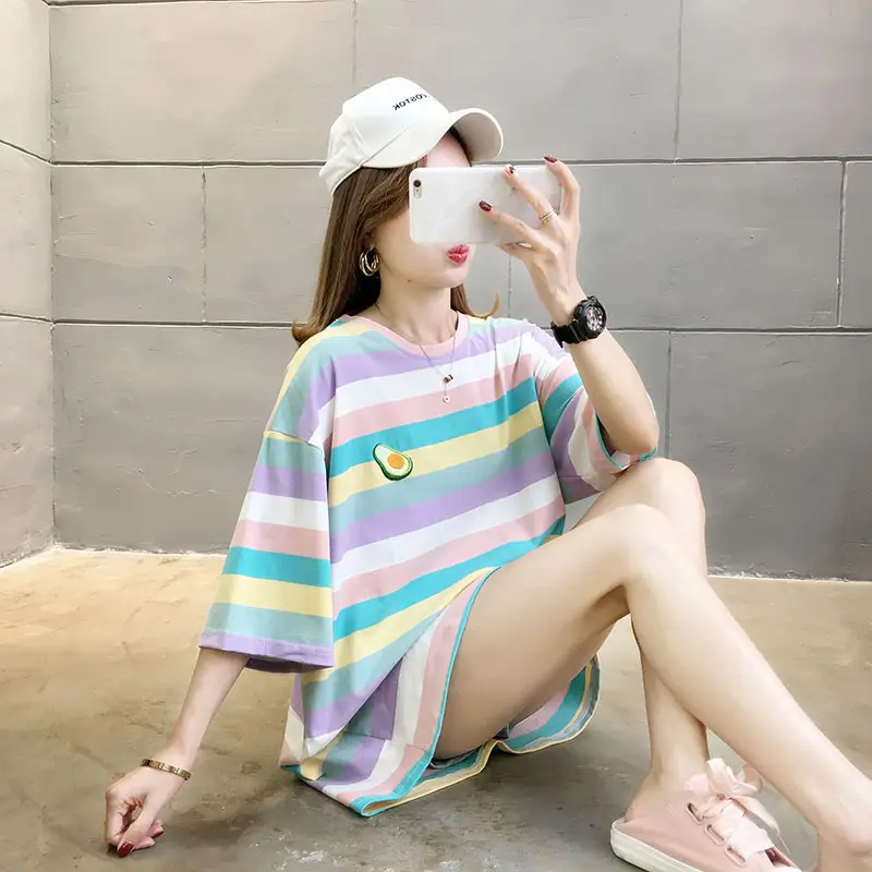 Women Rainbow Striped Maternity T-Shirt 2023 Spring Summer Loose Short Sleeve - Image 3