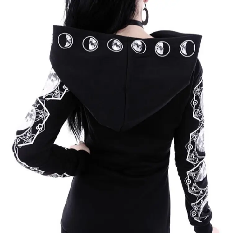 Black Hooded Punk Print Long Sleeve Sweater 2021 - Image 3