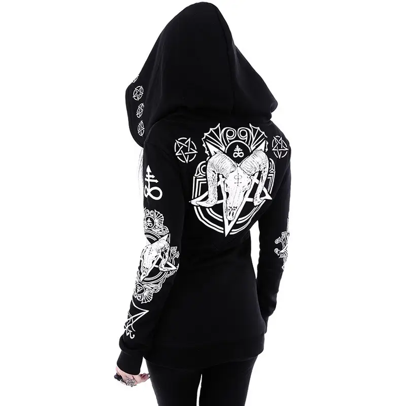 Black Hooded Punk Print Long Sleeve Sweater 2021 - Image 4