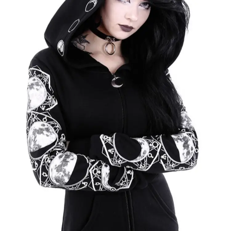 Black Hooded Punk Print Long Sleeve Sweater 2021 - Image 5