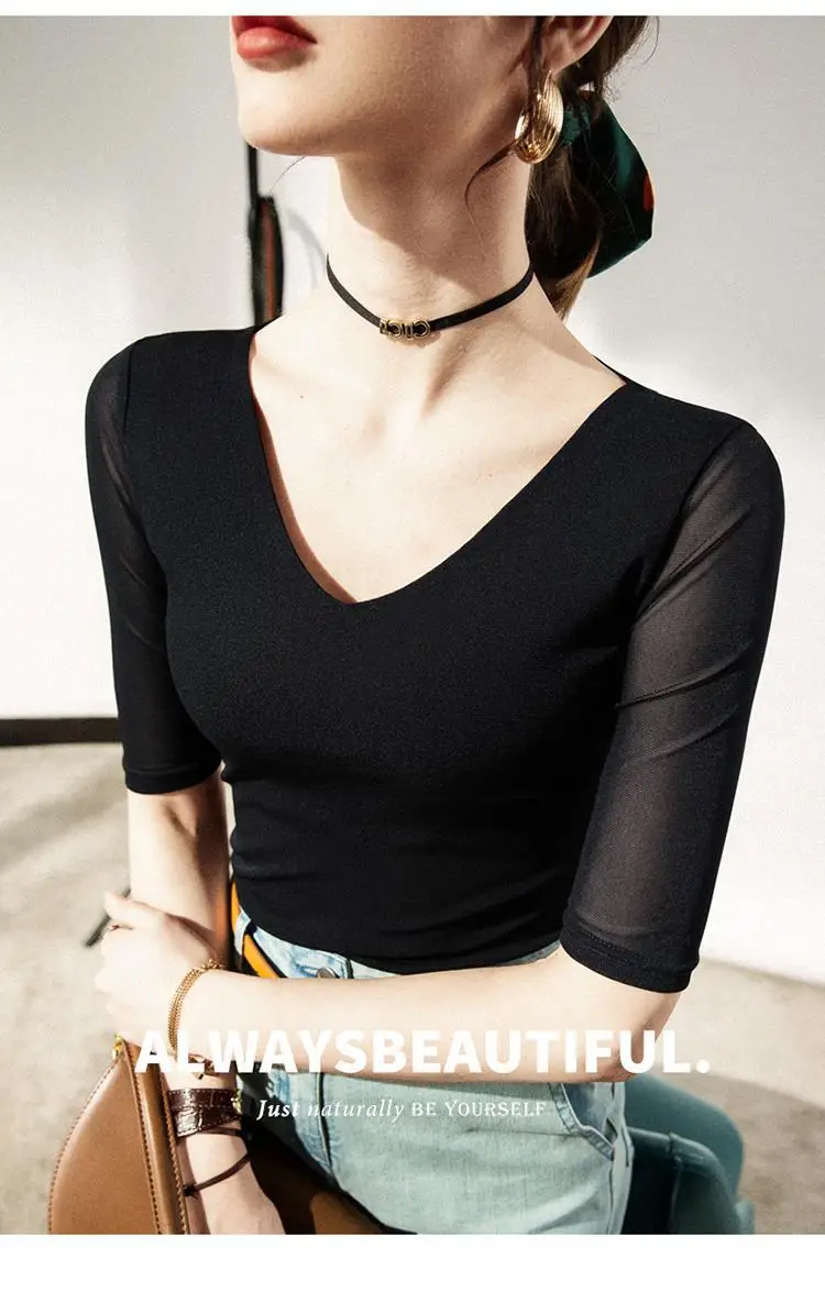 New Autumn Slim Fit V-Neck Polo Top Solid Color — feature 1