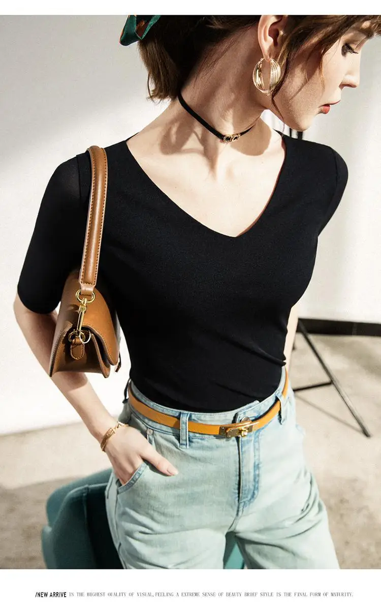 New Autumn Slim Fit V-Neck Polo Top Solid Color — feature 10