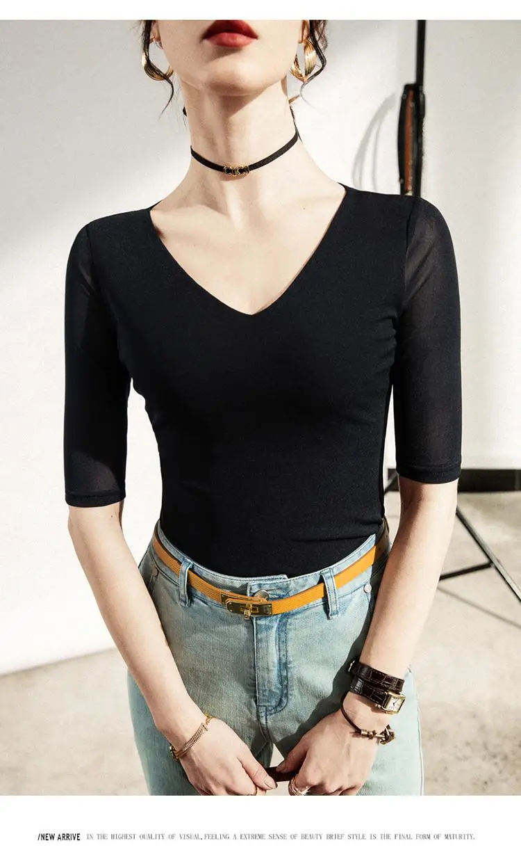 New Autumn Slim Fit V-Neck Polo Top Solid Color — feature 12