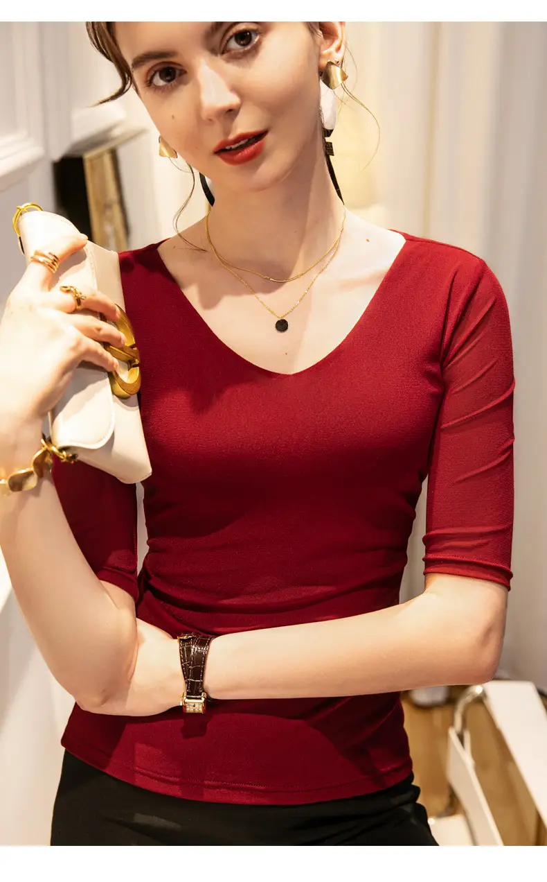 New Autumn Slim Fit V-Neck Polo Top Solid Color — feature 17