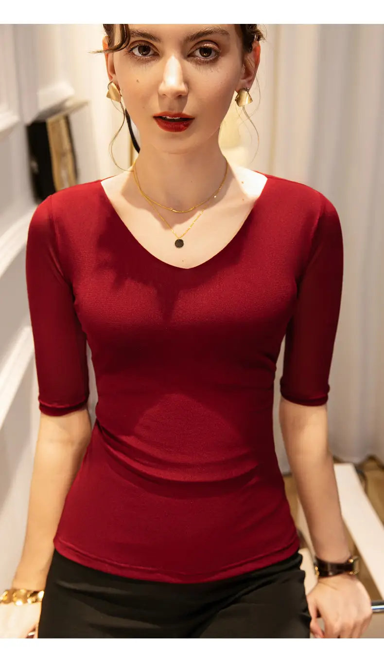 New Autumn Slim Fit V-Neck Polo Top Solid Color — feature 18