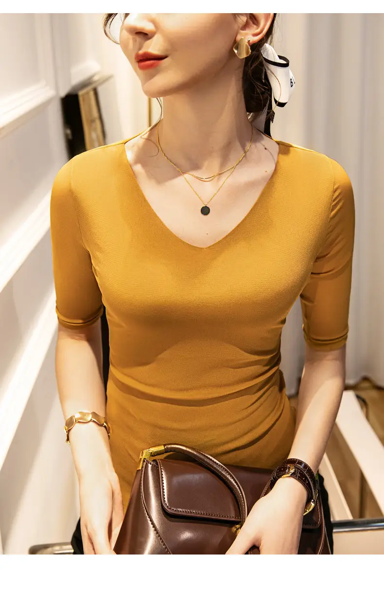 New Autumn Slim Fit V-Neck Polo Top Solid Color — feature 19