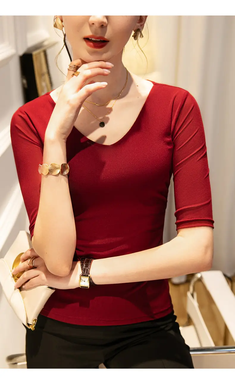 New Autumn Slim Fit V-Neck Polo Top Solid Color — feature 23