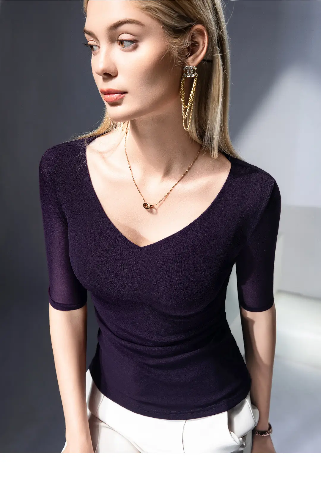 New Autumn Slim Fit V-Neck Polo Top Solid Color — feature 26