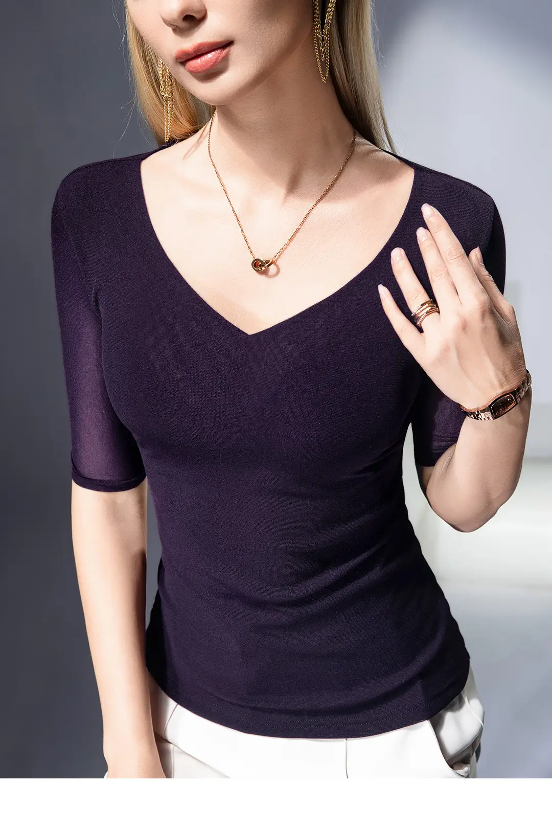 New Autumn Slim Fit V-Neck Polo Top Solid Color — feature 27
