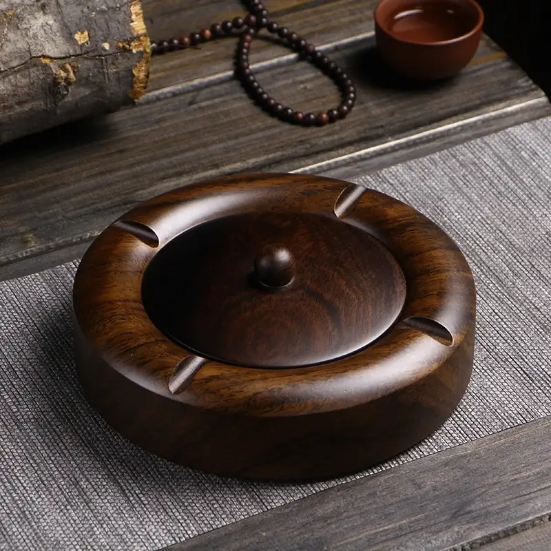 Ebony Solid Wood Ashtray with Lid Large Creative Distinctive Chinese Style Home Office Ashtray Vintage Simple Wooden - Image 4