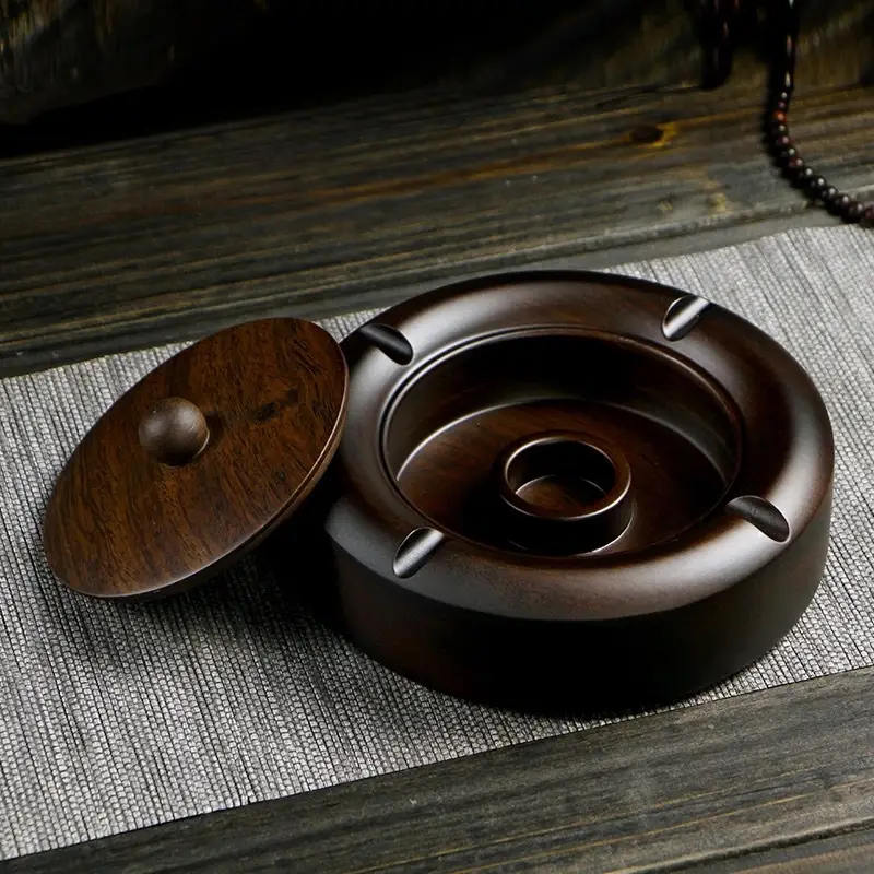 Ebony Solid Wood Ashtray with Lid Large Creative Distinctive Chinese Style Home Office Ashtray Vintage Simple Wooden - Image 5