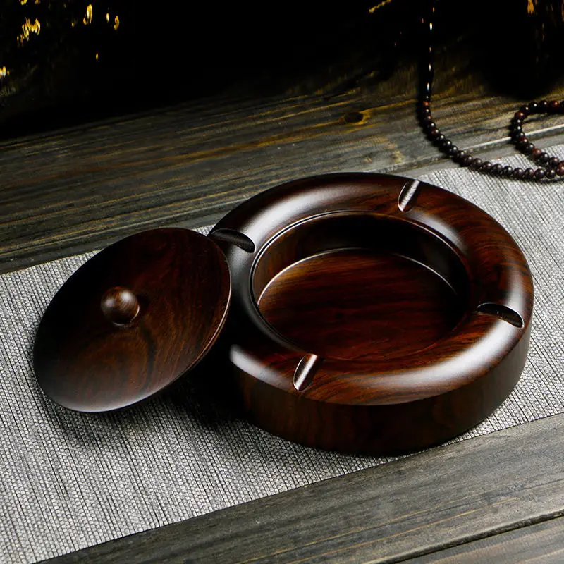 Ebony Solid Wood Ashtray with Lid Large Creative Distinctive Chinese Style Home Office Ashtray Vintage Simple Wooden - Image 6
