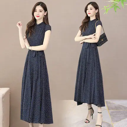 Women's Chiffon Polka Dot Summer Dress Large Hem - Image 4