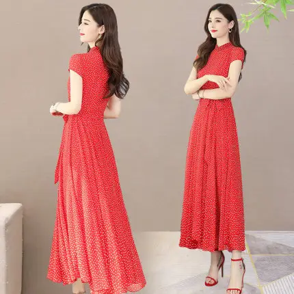 Women's Chiffon Polka Dot Summer Dress Large Hem - Image 5