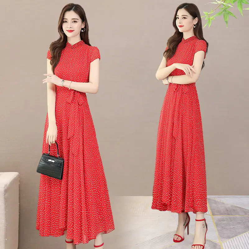 Women's Chiffon Polka Dot Summer Dress Large Hem — feature 3