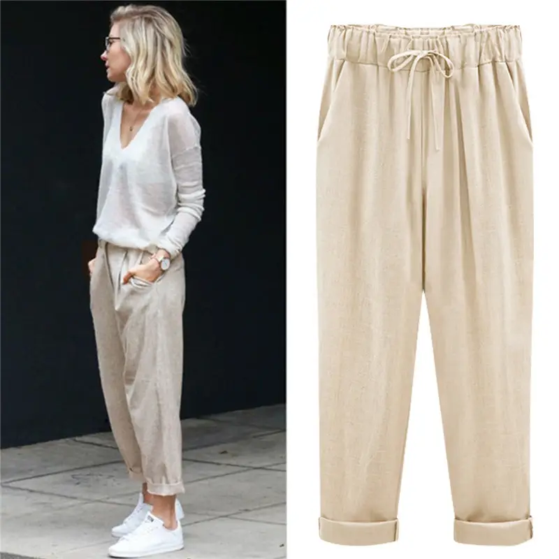 Women Plus Size Linen Pants Drawstring Waist Mint Green - Image 67