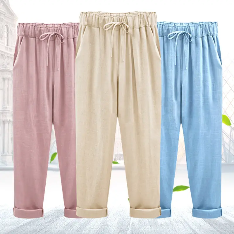 Women Plus Size Linen Pants Drawstring Waist Mint Green - Image 69