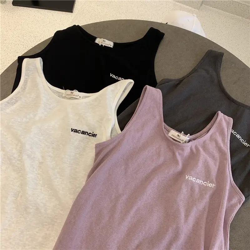 Women Bamboo Cotton Letter Embroidered Tank Top U-Neck Sleeveless T-Shirt
