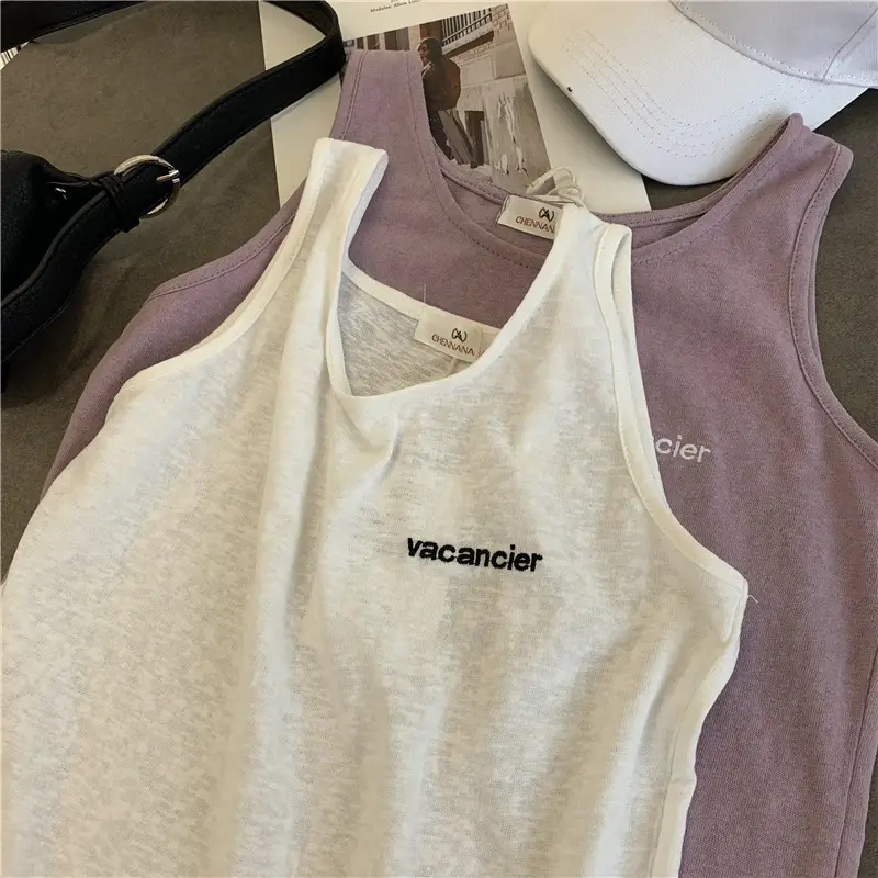 Women Bamboo Cotton Letter Embroidered Tank Top U-Neck Sleeveless T-Shirt
