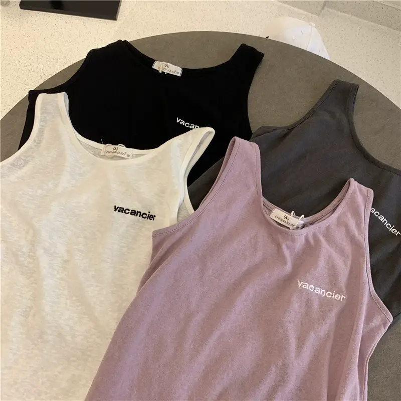 Women Bamboo Cotton Letter Embroidered Tank Top U-Neck Sleeveless T-Shirt — feature 3
