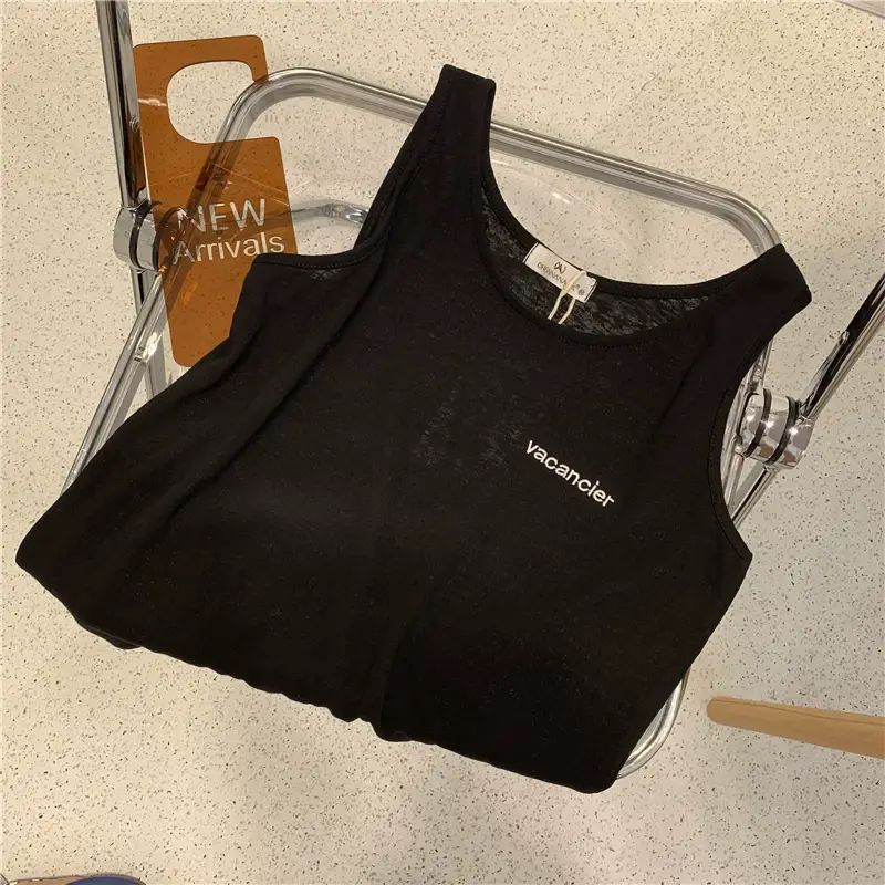 Women Bamboo Cotton Letter Embroidered Tank Top U-Neck Sleeveless T-Shirt — feature 7