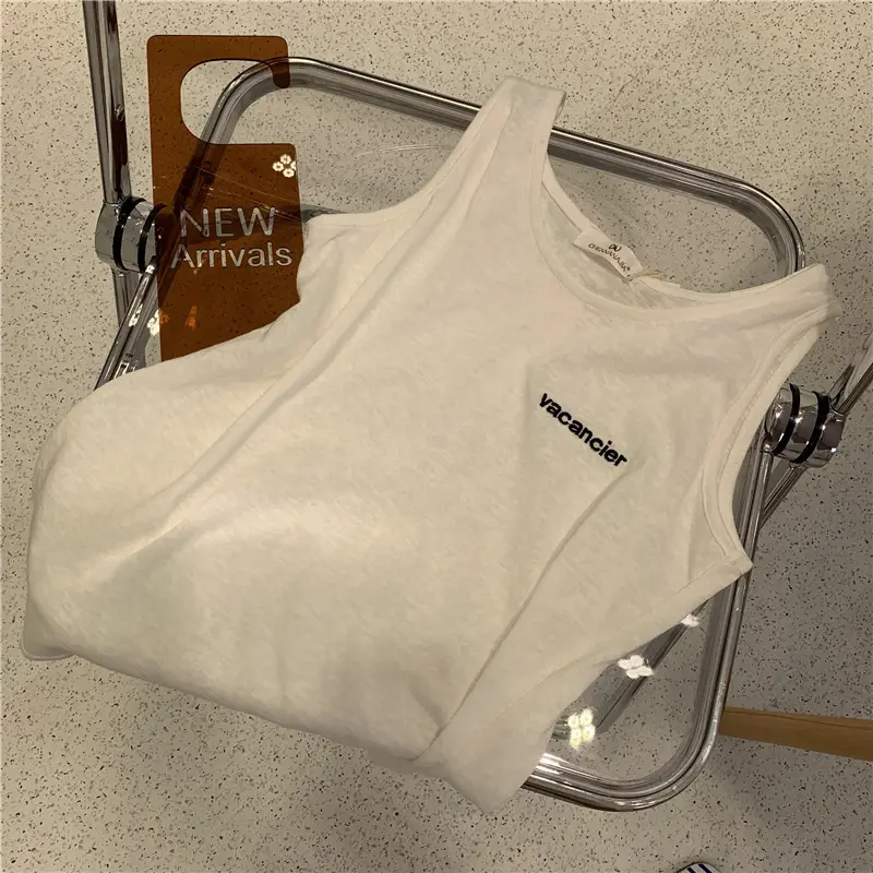 Women Bamboo Cotton Letter Embroidered Tank Top U-Neck Sleeveless T-Shirt