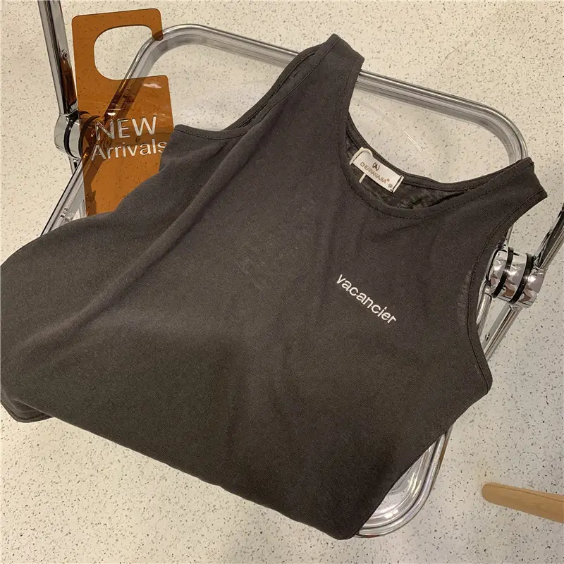 Women Bamboo Cotton Letter Embroidered Tank Top U-Neck Sleeveless T-Shirt