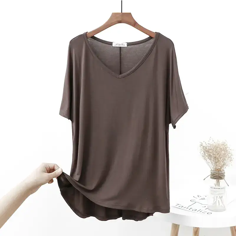 2023 Spring Bit Cotton Loose V-neck T-shirt Women Plus Size - Image 12