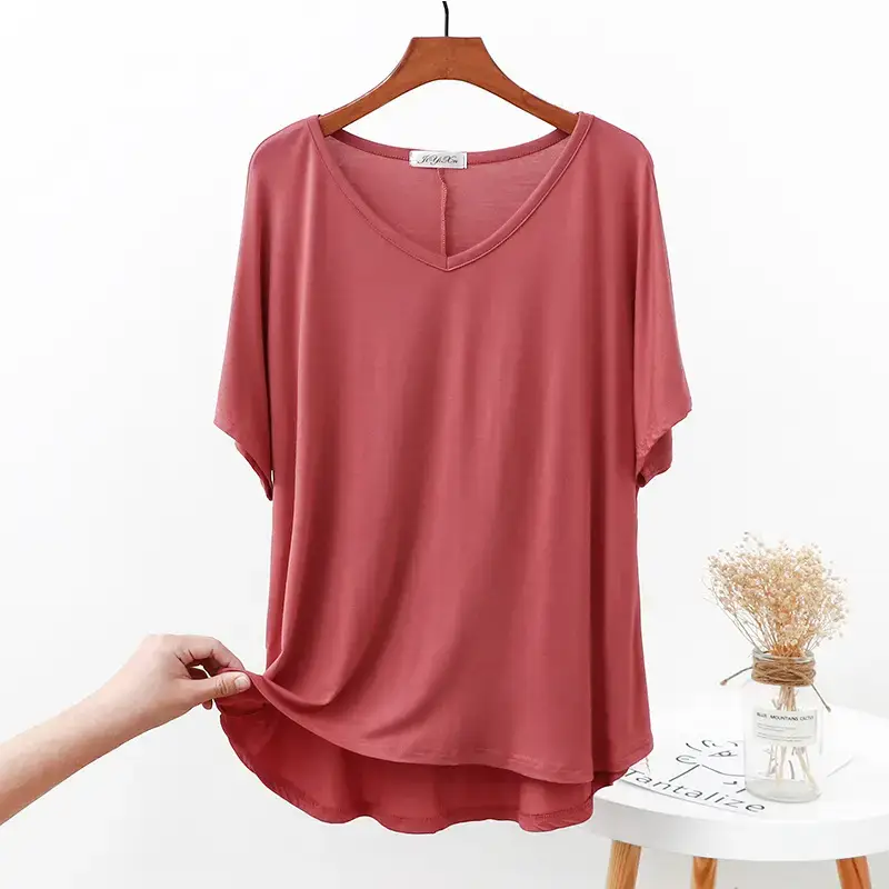 2023 Spring Bit Cotton Loose V-neck T-shirt Women Plus Size - Image 3